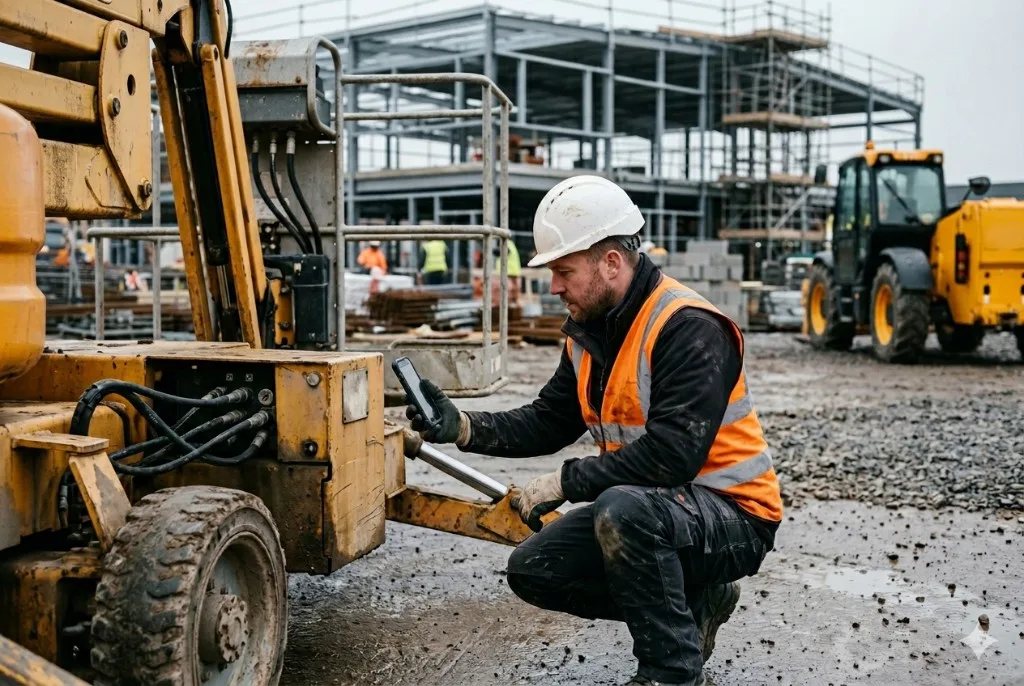 Site engineer scanning plant on a construction site with QR-Inventory