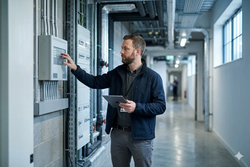 Facilities engineer checking a fire alarm panel in a building plant room with QR-Inventory