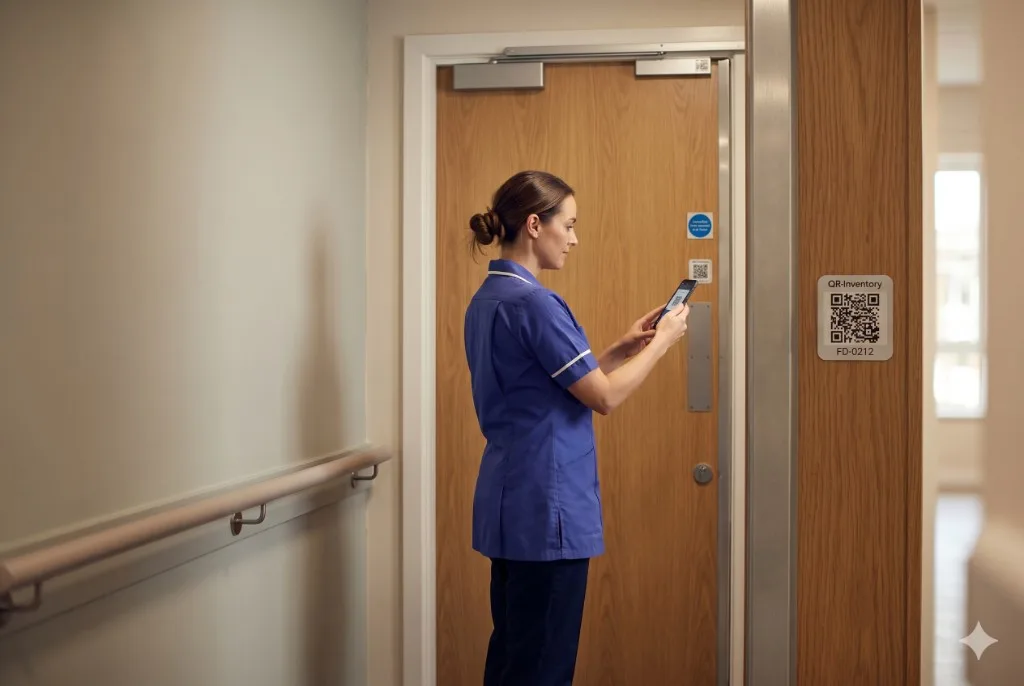 Care-home nurse scanning a QR-tagged corridor fire door with QR-Inventory