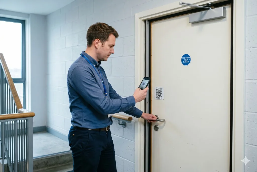 Housing officer scanning a tamper-evident QR tag on a communal stairwell fire door with QR-Inventory