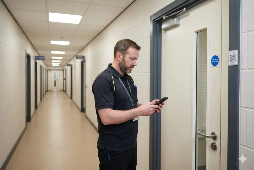 Estates engineer scanning a QR-tagged fire door in an education building corridor with QR-Inventory