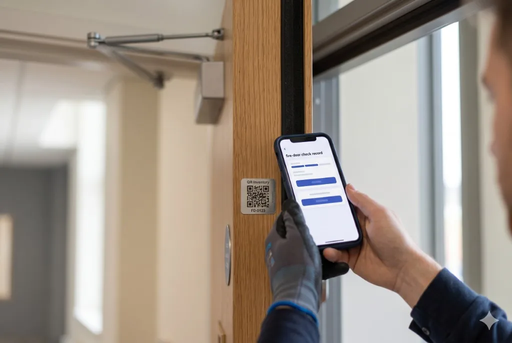 Facilities management contractor running a fire-door check record on a QR-tagged door with QR-Inventory