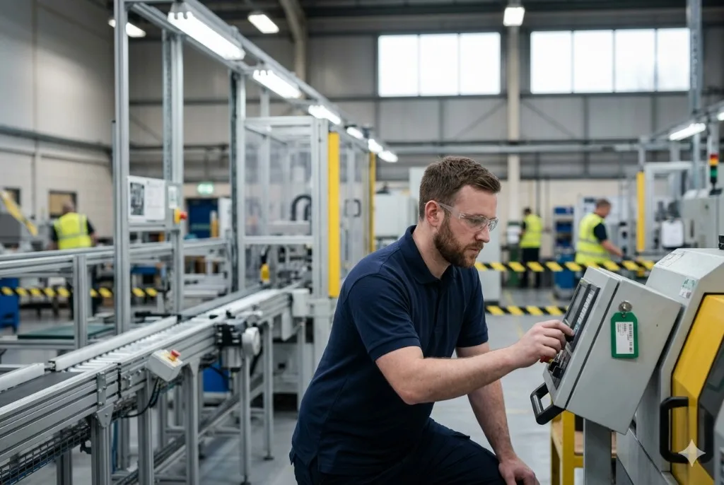 Operator checking tagged machinery on a manufacturing line with QR-Inventory