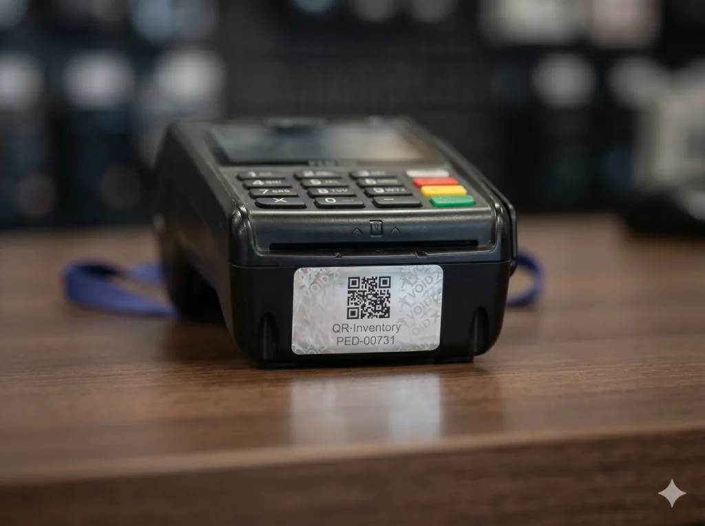 Tamper-evident QR-Inventory tag on a card payment terminal (PED)