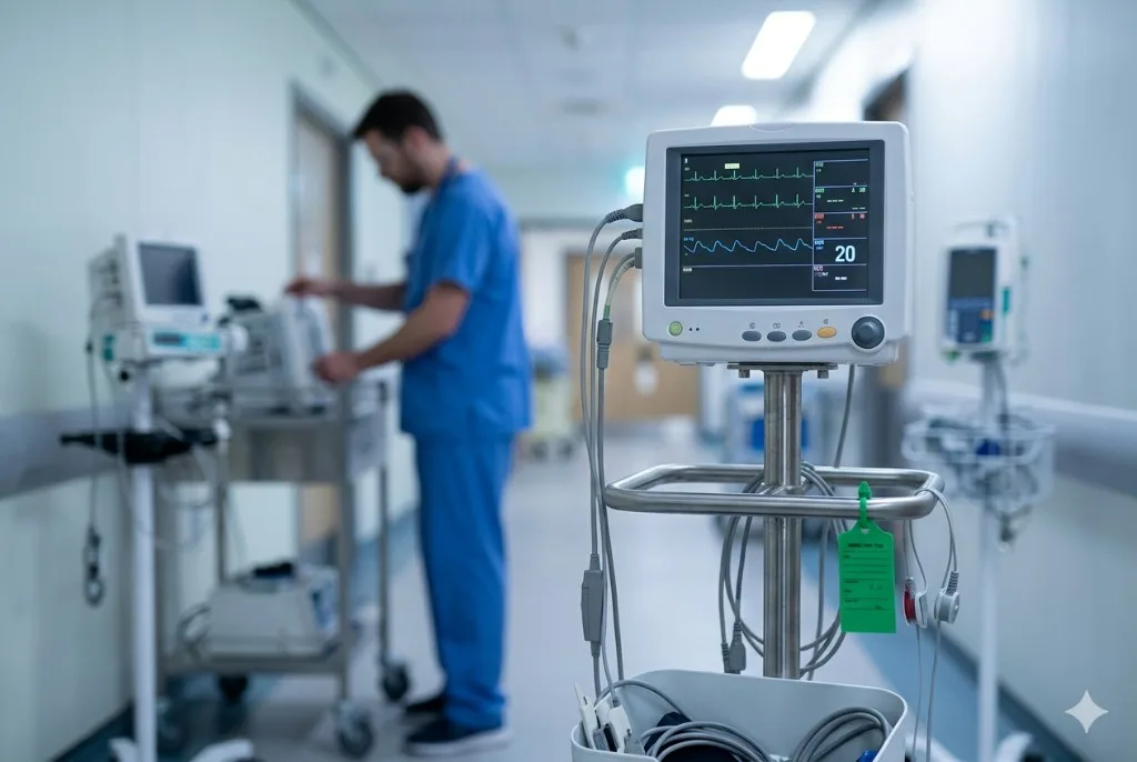 Clinician checking tagged patient monitoring equipment on a hospital ward with QR-Inventory